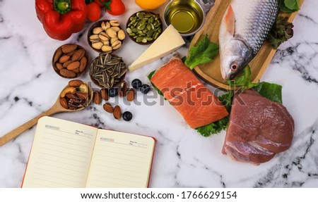 Heathy food of plan in Diary with ketogenic food diet as a low carb and high fat food eating lifestyle,Healthy food -Healthy heart concept,copy space Royalty-Free Stock Photo #1766629154