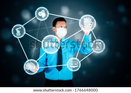 RPA system concept. Young businessman wearing a mask while touching buttons on the virtual screen