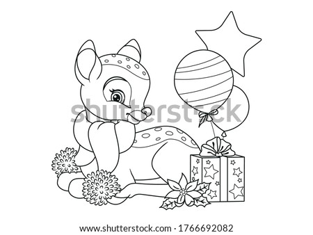 Christmas Deer with Gifts Coloring Page. Black and white cartoon illustration Royalty-Free Stock Photo #1766692082