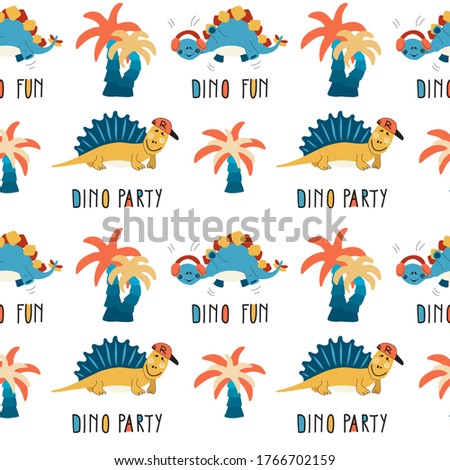 Seamless pattern of dinosaurs, palm tree. Dino party. Colorful seamless texture for kids. Swatch of cartoon background. Stock vector illustration on white background.