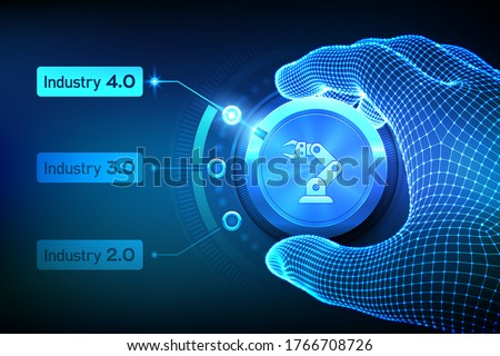 Smart Industry 4.0 concept. Industrial revolutions steps. Wireframe hand turning a knob and selecting industry 4.0 mode. Factory automation. Autonomous industrial technology. Vector illustration. Royalty-Free Stock Photo #1766708726