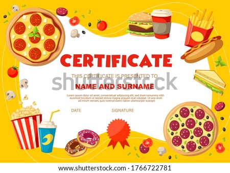 Kids diploma with snacks and drinks. Certificate vector template with pizza, soda drink and hot dog, donuts, sandwich and pop corn on yellow background with place for name and surmane, child diploma