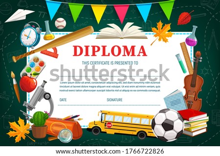 Kids diploma for kindergarten or school, vector shedule template. Education certificate with sport inventory, music and scientific instruments, books and copybook, pencil case and school bus