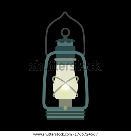 Kerosene lamp in a flat style. An old lighting device on chemical fuel. An ancient history item. Vector illustration. Isolated on a black background