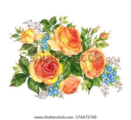 Watercolor bouquet of roses and forget-me-