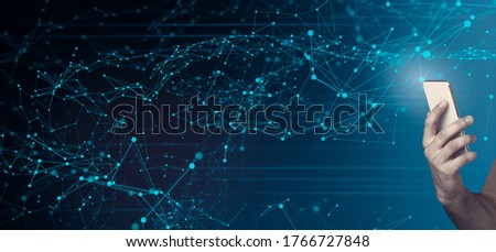 Modern technologies and global connections. Man holding smartphone and polygonal network collage, copy space. Panorama