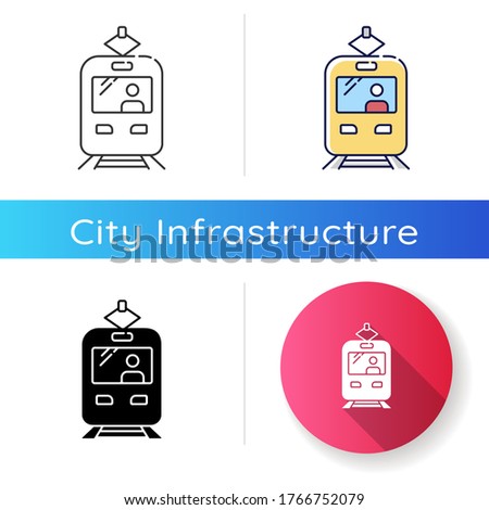 Tram icon. Rapid transit. Commuter on train stop. Fast transportation. Urban public transport. City road infrastructure. Linear black and RGB color styles. Isolated vector illustrations