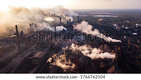 industry metallurgical plant dawn smoke smog emissions bad ecology aerial photography Royalty-Free Stock Photo #1766762504