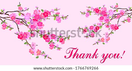 Thank you calligraphy text on a pink background. Sakura flowers. Horizontal card format for web banner or header. Vector Illustration 