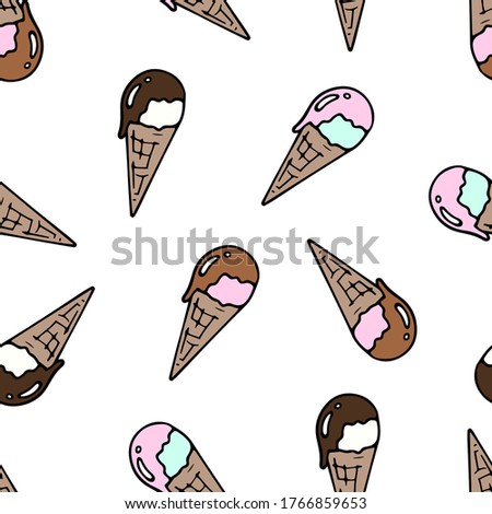 Vector illustration. Cute summer seamless pattern with colorful ice cream with icing in a waffle cone isolated on white. Hand drawn doodle clipart. For textile, poster, food banner, gift wrapping.