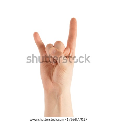 male hand in rock gesture, horns, devil horns, isolated on white background