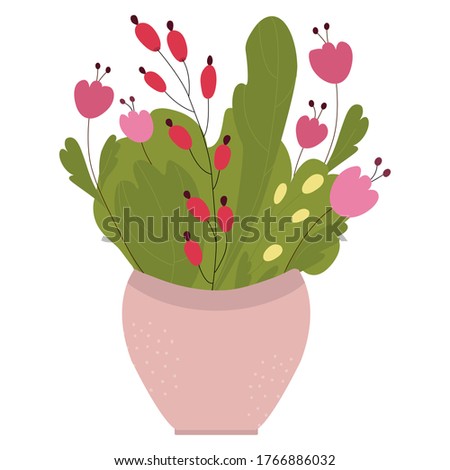 Isolated image of a summer bouquet in a pink pot. A bouquet of berries, leaves, flowers of pink, yellow, red flowers. Print for t-shirts, cards, posters. Vector graphics. Hand made style.