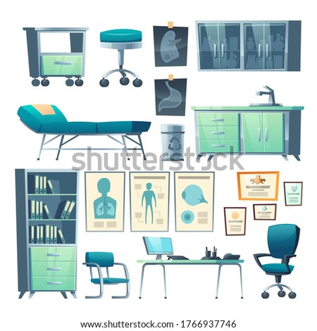 Clinic interior, doctor stuff, isolated hospital items couch, chair and washbasin, locker for medicine, cabinet with document folders, table, computer and medical banners, cartoon vector illustration