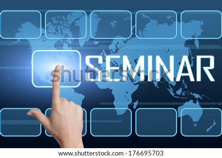 Seminar concept with interface and world map on blue background