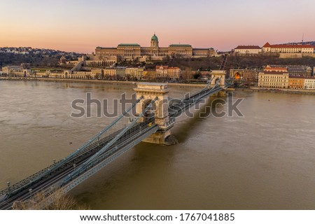Aerial drone shot of Chain bridge before Buda Castle before Budapest sunrise