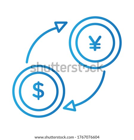 coins dollar and yen with arrows gradient style vector illustration design