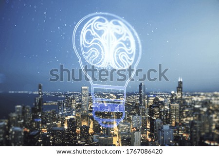 Abstract virtual light bulb illustration with human brain on Chicago cityscape background, future technology concept. Multiexposure
