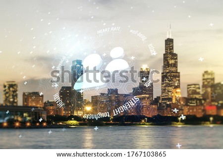 Double exposure of abstract virtual people icons hologram on Chicago city skyscrapers background. Online insurance service concept