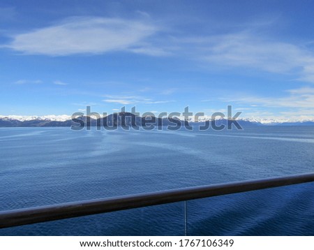 Amazing view form Alaska cruise ship balcony. Blue sky and ocean.