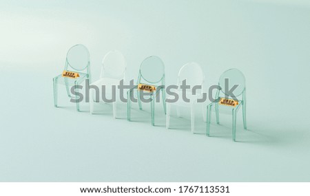 Social distancing sign. Realistic 3D rendering design. Minimal graphic. 3D white chair on blue background with word social distance. Prevention Coronavirus disease (COVID-19) and healthcare. 