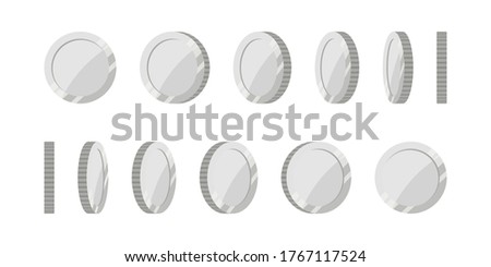 Spin silver coins isolated on white background. Set of rotation flat icon design at different angles for animation.
