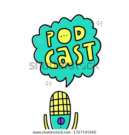 Media tools, earphones and mic doodle icon. Sound recording equipment, broadcasting facilities handdrawn vector illustration. Podcast studio items, microphone and headphones isolated color drawing