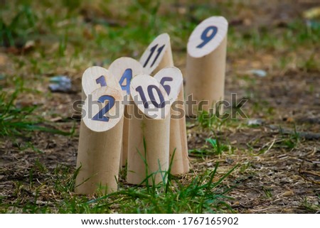 close-up of a wooden mölkky game during a game on earth and grass. The numbers two, nine, ten and eleven are visible. 