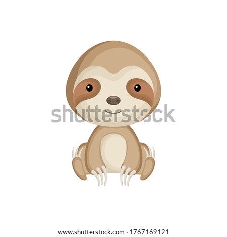 Cute baby sloth sitting isolated on white background. Adorable animal character for design of album, scrapbook, card, invitation on baby shower, party. Flat cartoon colorful vector illustration.