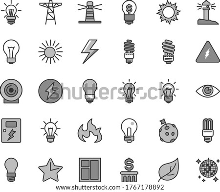 Thin line gray tint vector icon set - lightning vector, matte light bulb, incandescent lamp, window, saving, dangers, star, eye, lens, leaf, power pole, energy, mercury, lighthouse, coastal, flame