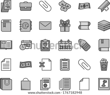 Thin line gray tint vector icon set - clip vector, add bookmark, paper bag, clean sheet of, scribbled, book, e, books, envelope, pile, address, delete page, with handles, label, popcorn, cup, dollar