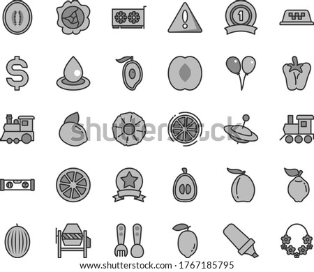 Thin line gray tint vector icon set - warning vector, plastic fork spoons, baby toy train, children's, yule, colored air balloons, concrete mixer, building level, peper, squash, quince, melon, peach