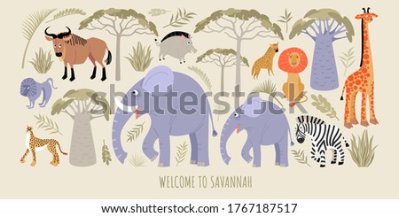 National parks. Welcome to the savannah. Vector illustration with african animals and plants. Cartoons in a flat style.