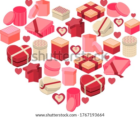 Stylized pink heart made of hearts and gift boxes