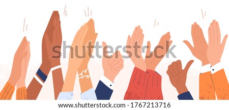 Arms of diverse people applauding vector illustration. Colorful man and woman clapping hands isolated on white background. Multinational audience demonstrate greeting, ovation or cheering gesture Royalty-Free Stock Photo #1767213716
