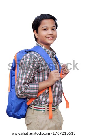 Close up portrait a school student standing with bag and smiling with white background