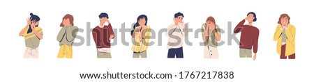 Set of regret or embarrassed people vector illustration. Collection of disappointed man and woman hide face behind hands, demonstrate facepalm gesture or ashamed expression isolated on white Royalty-Free Stock Photo #1767217838