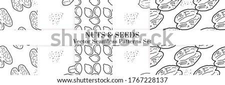 Nuts and seeds hand drawn vector seamless patterns set. Outline monochrome texture made in doodle style.Fruit background for package, merch, wallpaper, menu.