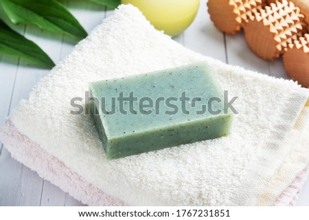 Concept SPA and Wellness. Massage brush, cosmetic oils and soap. Light background with green leaf.