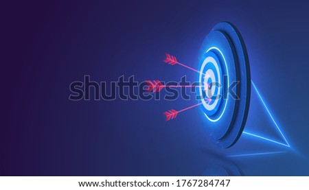 Darts target. Success Business Concept. Target hit in center by arrows, future technology. Business target isometric concept vector illustration.  Symbolic goals achievement, success, victory. Vector Royalty-Free Stock Photo #1767284747