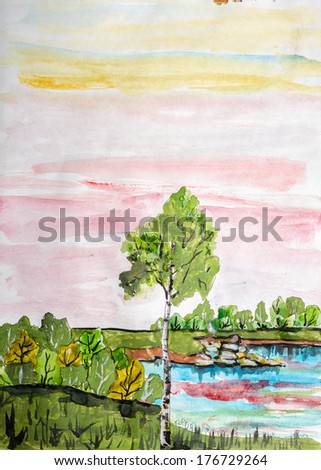 Mountain landscape with lake and trees painted by watercolor.