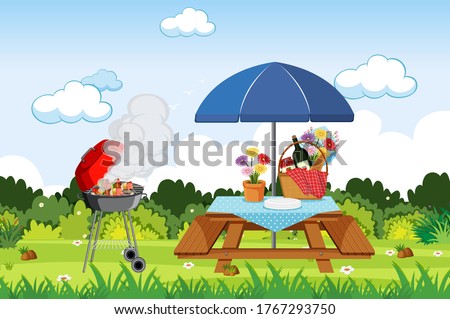Scene with BBQ grill and food on the picnic table illustration
