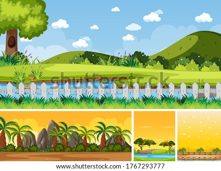 Four background different nature scenes with green trees in different times illustration
