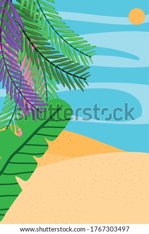 Beach with sea sun and leaves detailed style icon design, Summer vacation and tropical theme Vector illustration