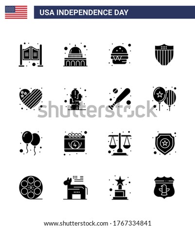 Happy Independence Day USA Pack of 16 Creative Solid Glyphs of flag; usa; burger; seurity; american Editable USA Day Vector Design Elements