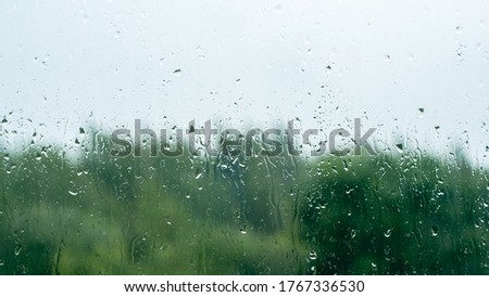 raindrops on glass against the background of the forest and sky