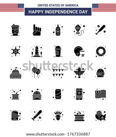 Set of 25 Vector Solid Glyph on 4th July USA Independence Day such as men; bat; alcohol; baseball; summer Editable USA Day Vector Design Elements