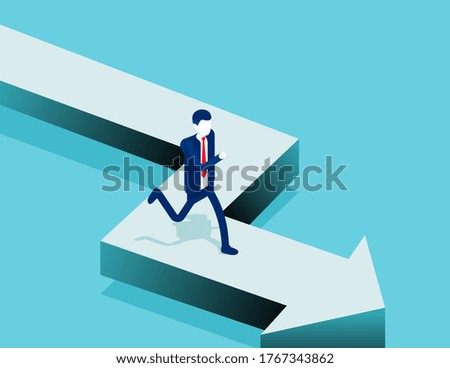 Businessman run on the arrow path. Business direction