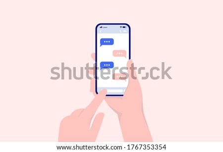 Texting - Person sending text messages on smartphone. Phone in right hand, and writing with left hand. Vector illustration. Royalty-Free Stock Photo #1767353354
