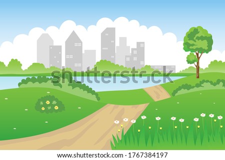 Vector illustration Of view paths and green trees in the garden