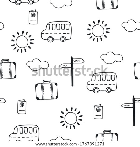 Travel pattern. Black-white vector clip art. seamless background